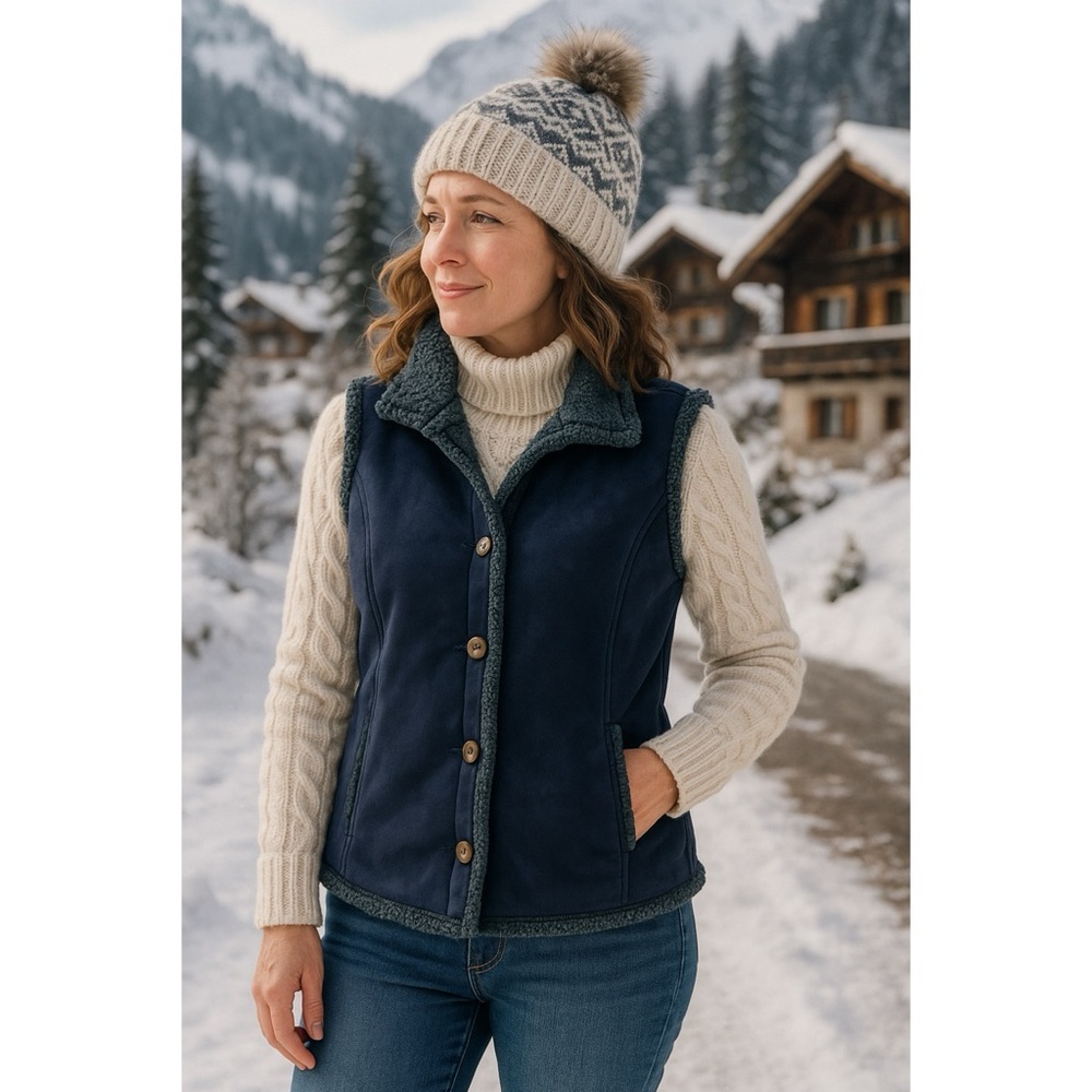 L.L.Bean Womens Faux Suede Sherpa Vest Navy Blue Small Western Vintage Cozy Boho